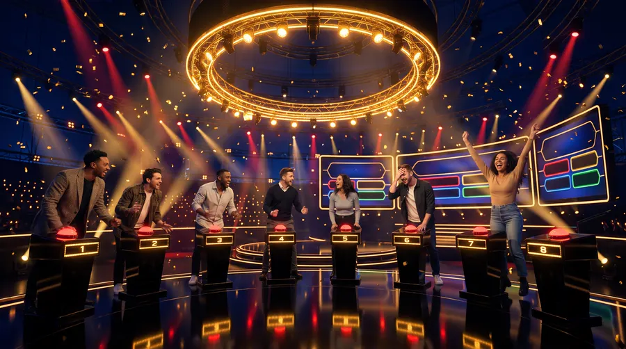 Un groupe d'amis rit et célèbre pendant une partie de Quiz Show