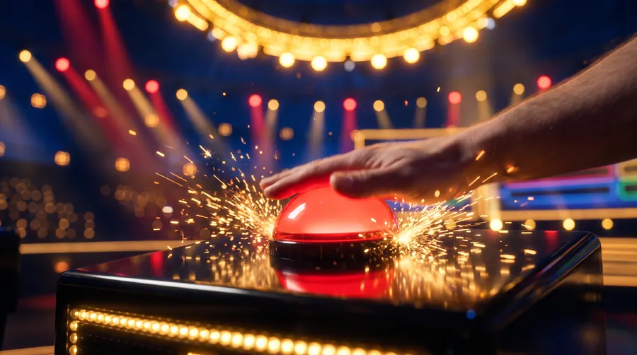 Une main frappe le buzzer rouge d'un pupitre de Quiz Show
