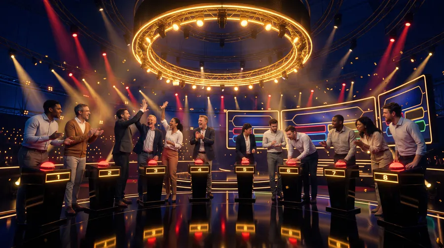 Équipe d'entreprise en team building sur le plateau de Quiz Show