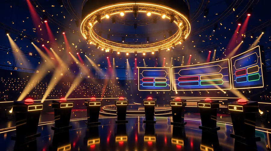 Le plateau Quiz Show à Bienne : 6 pupitres, anneau de lumières dorées et écrans géants